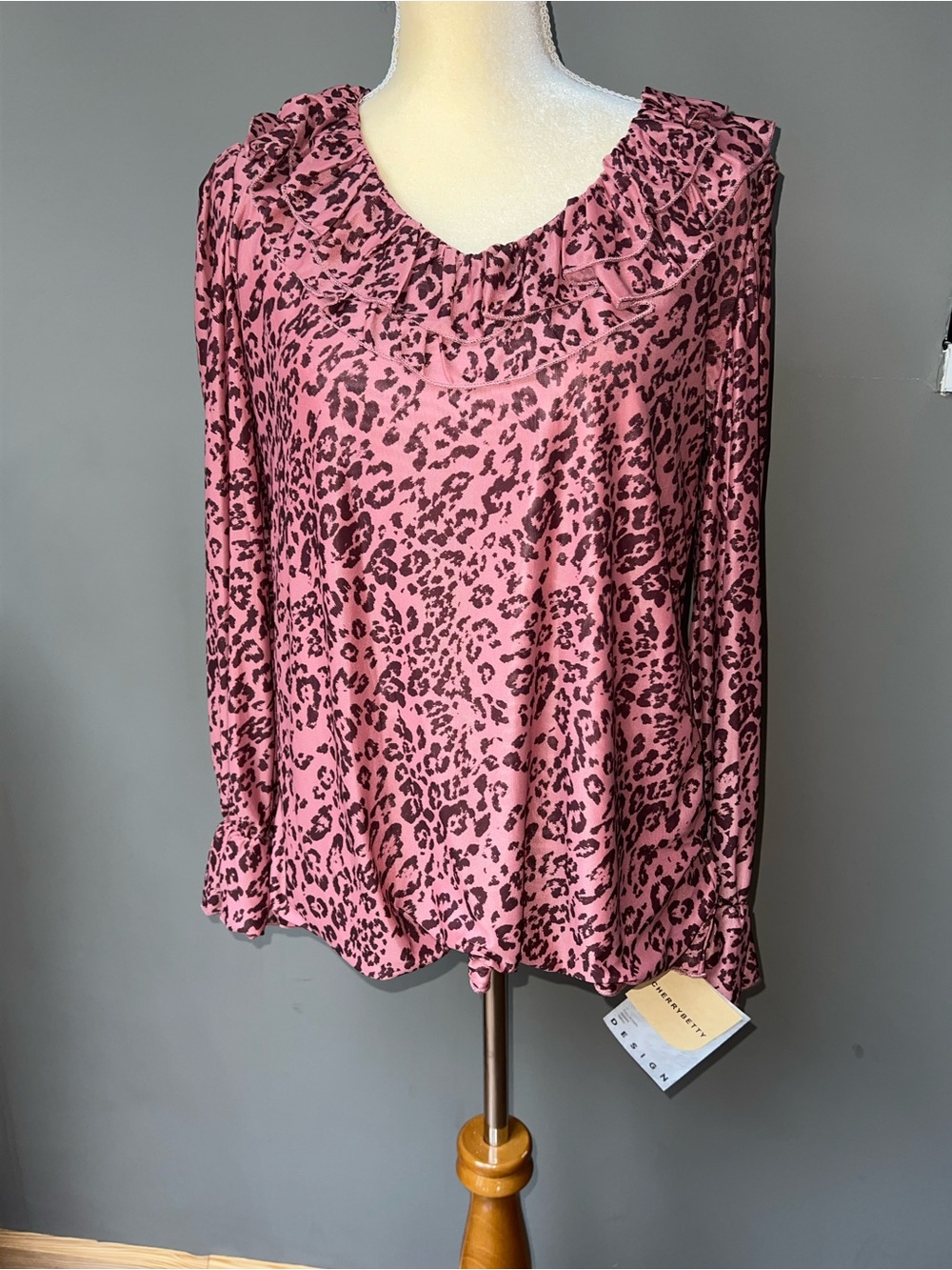 Cherry Betty Pink Leopard Ruffle Collar Long-Sleeve Blouse - Small - New!